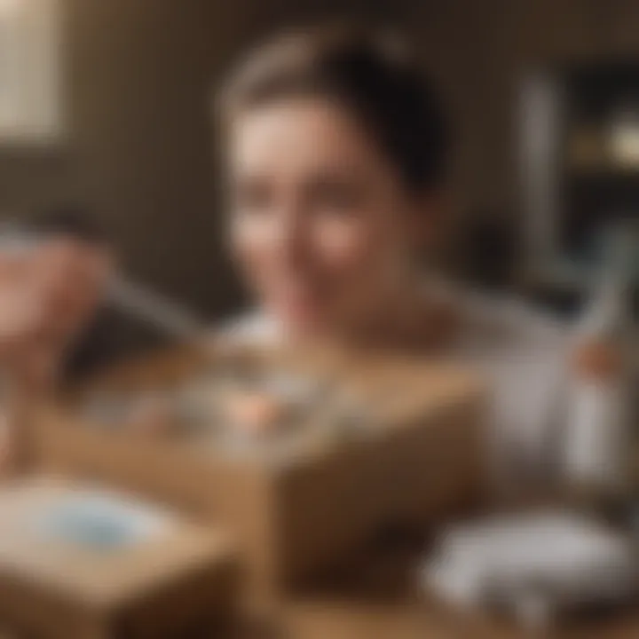 A person examining a package of dental items received through online purchase