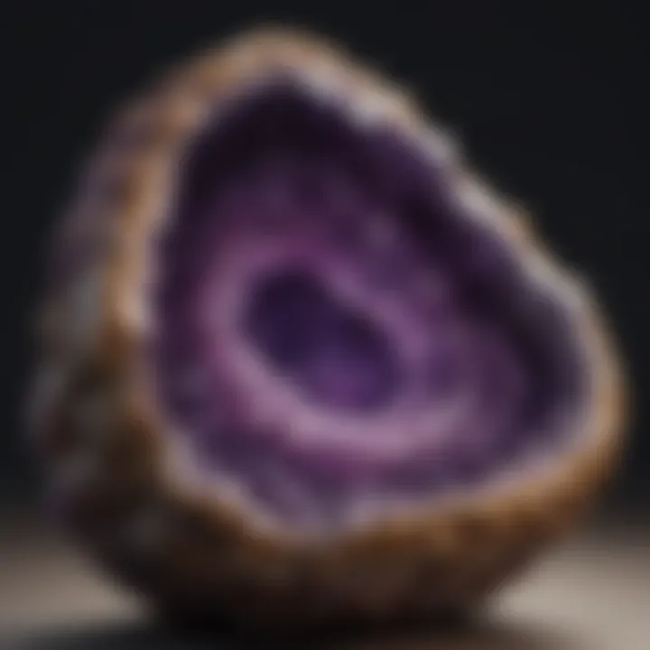 An elegant amethyst geode displaying its inner crystalline structure and vibrant colors