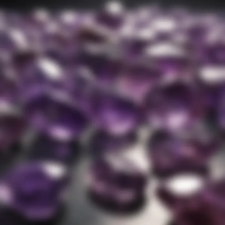 A collection of polished amethyst stones arranged artfully on a reflective surface