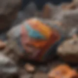 Close-up view of colorful mineral streaks on rock surface