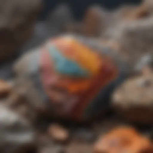 Close-up view of colorful mineral streaks on rock surface