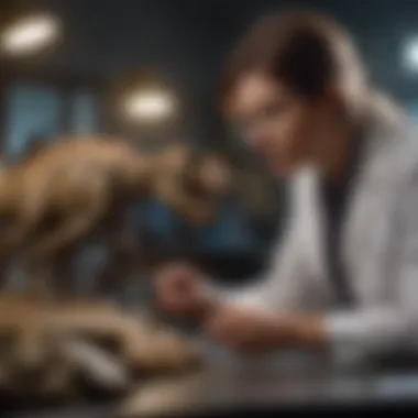 Paleontologist examining a fossil in a laboratory setting