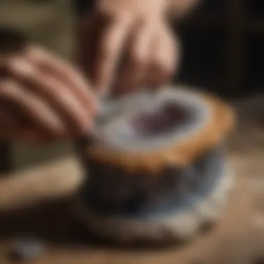Proper Cutting Technique An individual using a geode chain cutter, demonstrating the correct technique for cutting geodes.