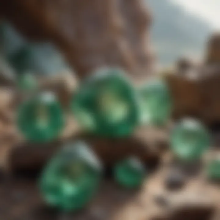A geological illustration depicting the formation of green gemstones within their natural environment.