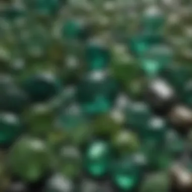 A vibrant display of various green gemstones showcasing their unique colors and textures.