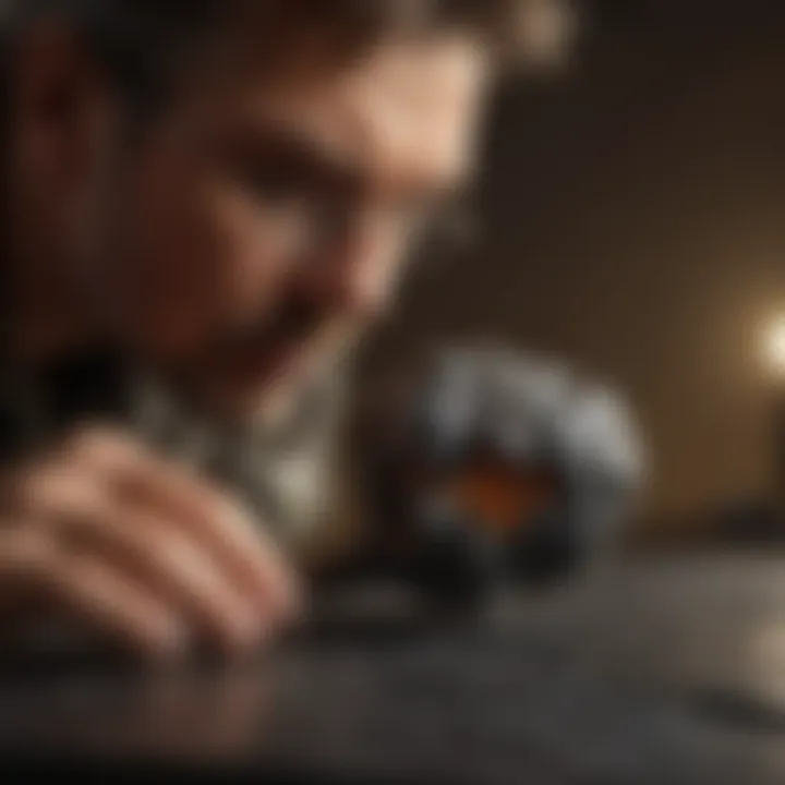 An expert examining a meteorite under a magnifying glass to assess its quality