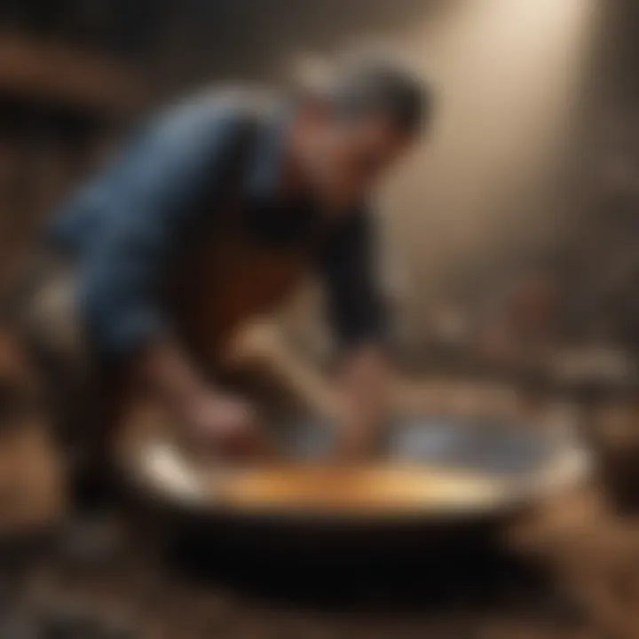 A collector cleaning and maintaining their mining pan for optimal performance.