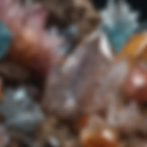 Close-up view of various quartz crystal formations