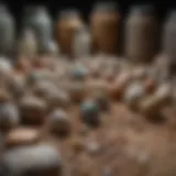 Variety of rock tumbler polishing compounds displayed in containers