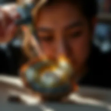 An agate stone being evaluated using professional tools