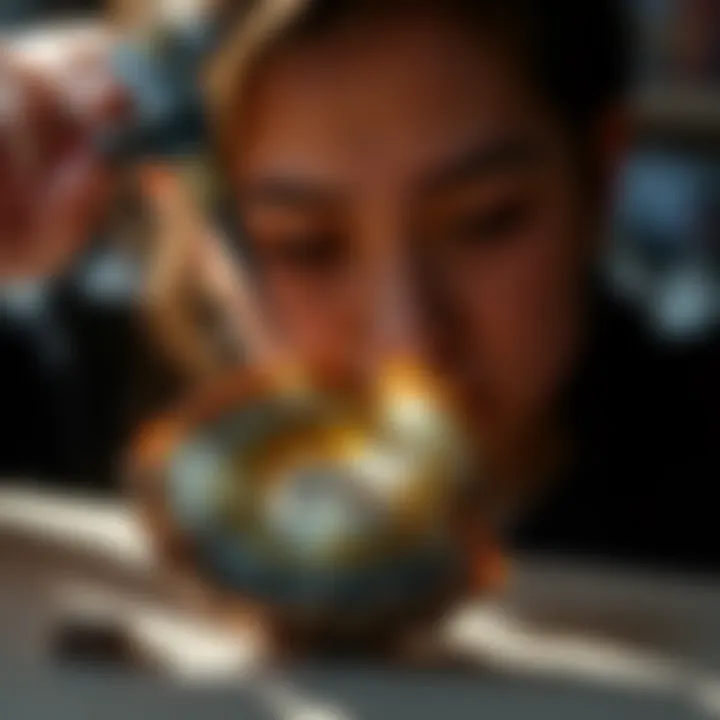 An agate stone being evaluated using professional tools