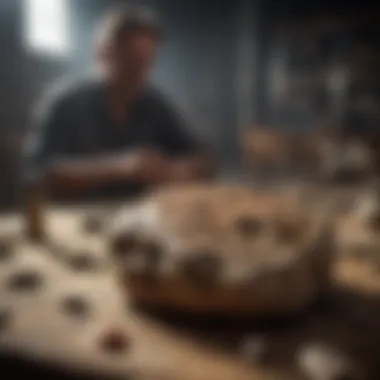 A collector examining fossils under natural light to assess their condition.