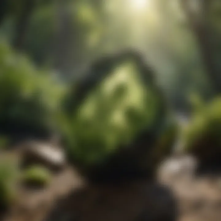 A serene setting with moldavite displayed alongside natural elements, evoking emotional connections