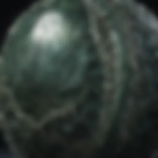 Close-up of a polished seraphinite sphere showcasing its unique patterns