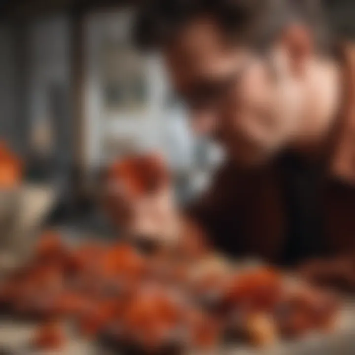 A collector carefully examining a vanadinite specimen, highlighting the importance of knowledge in collecting.