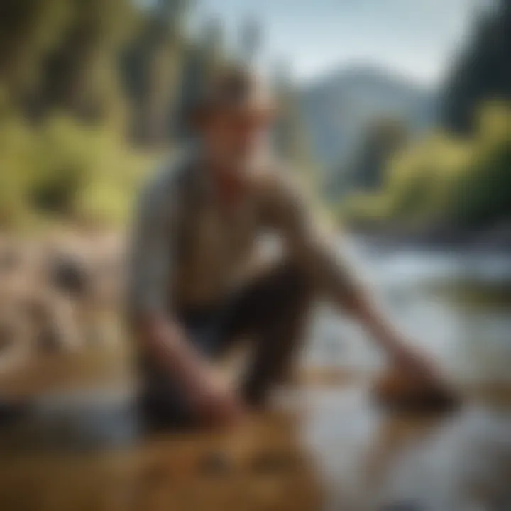 Gold Panning Technique in Natural River Setting