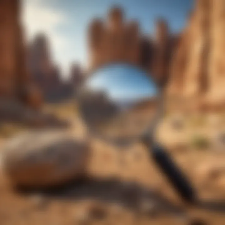 Close-up of magnifying glass inspecting intricate rock formations