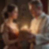 Elegant couple exchanging meaningful gifts during anniversary celebration