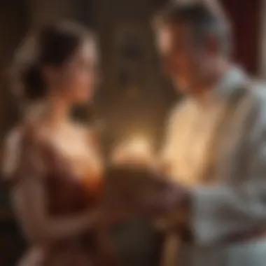 Elegant couple exchanging meaningful gifts during anniversary celebration