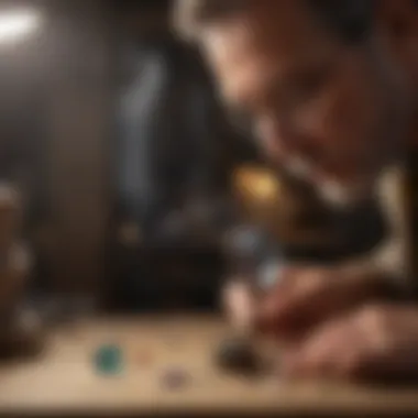 Artisan examining gemstone through magnifying glass