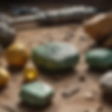 Yellow green stone next to geological tools for identification